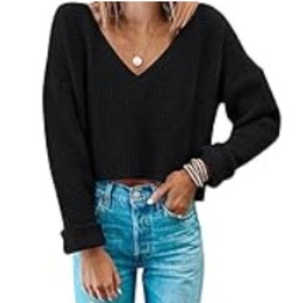 MIROL Women's Waffle Knit Cropped V Neck Pullover Sweater - Size Small
